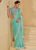 Pure Silk Sky Blue Wedding Wear Moti Work Saree